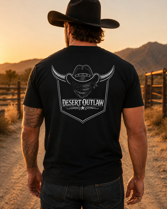 Desert Outlaw Blackout Tee back design on model