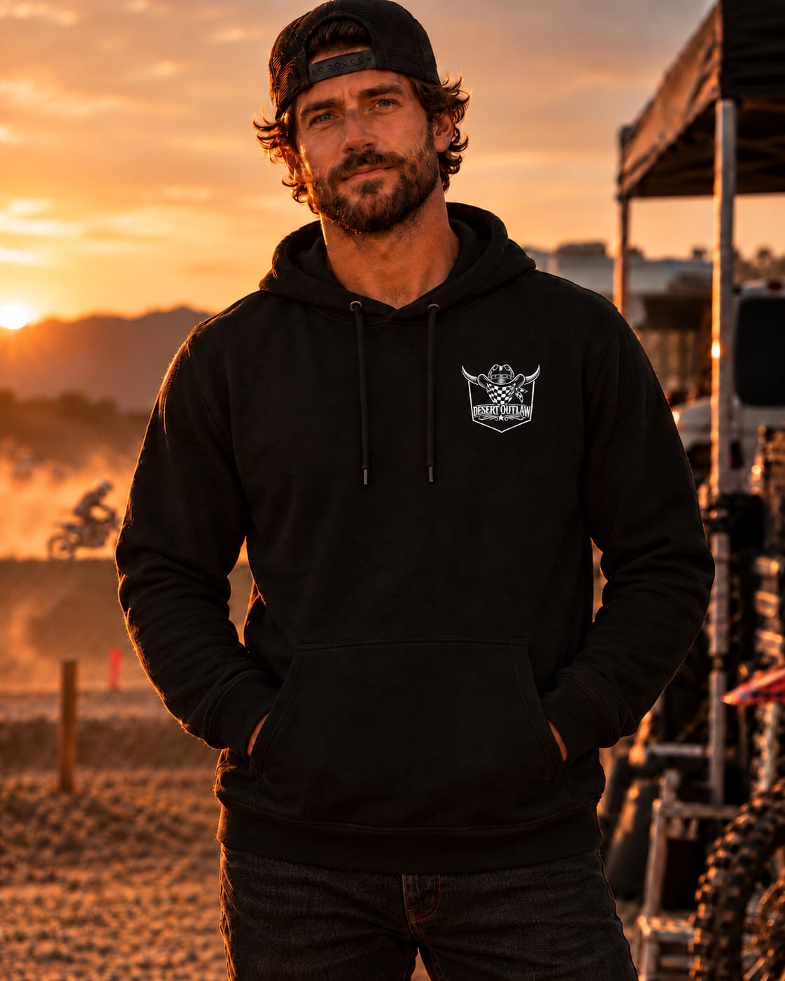 Desert Outlaw Finish Line black hoodie front on model