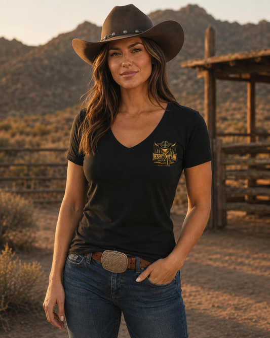 Desert Outlaw Brass Women's V-Neck front pocket-logo model
