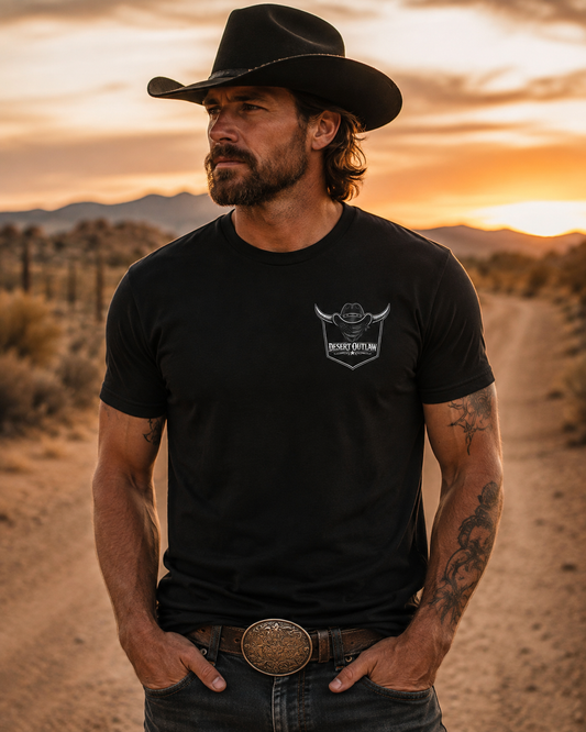Desert Outlaw Blackout Tee front pocket logo on model