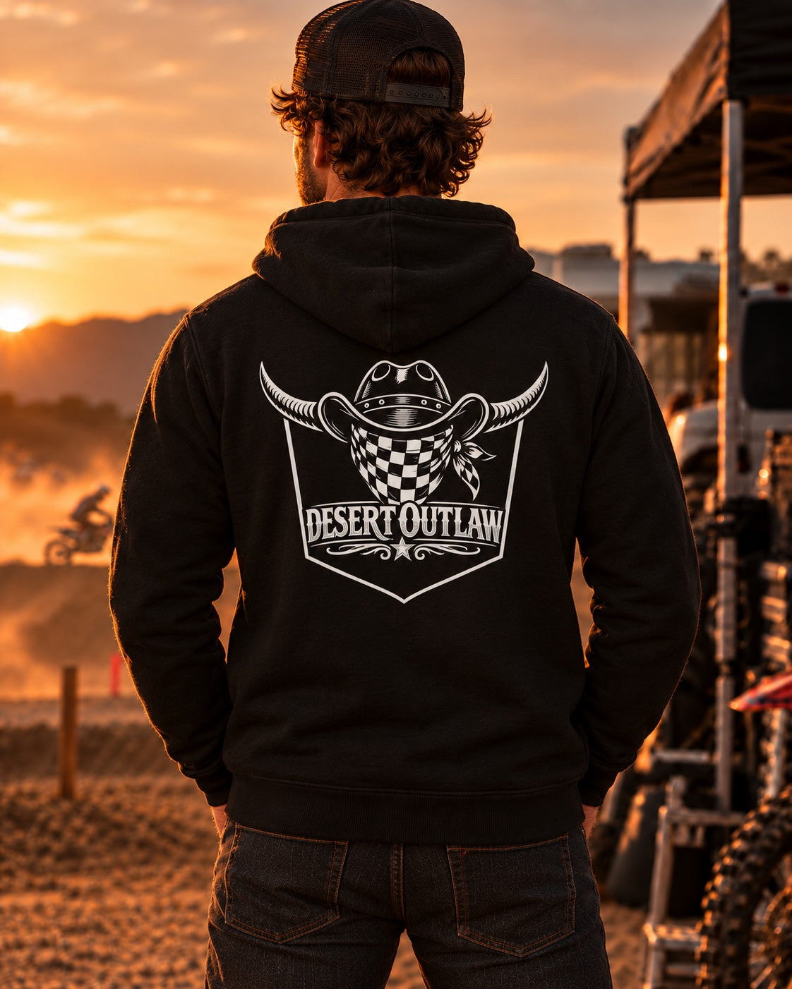 Desert Outlaw Finish Line black hoodie back on model