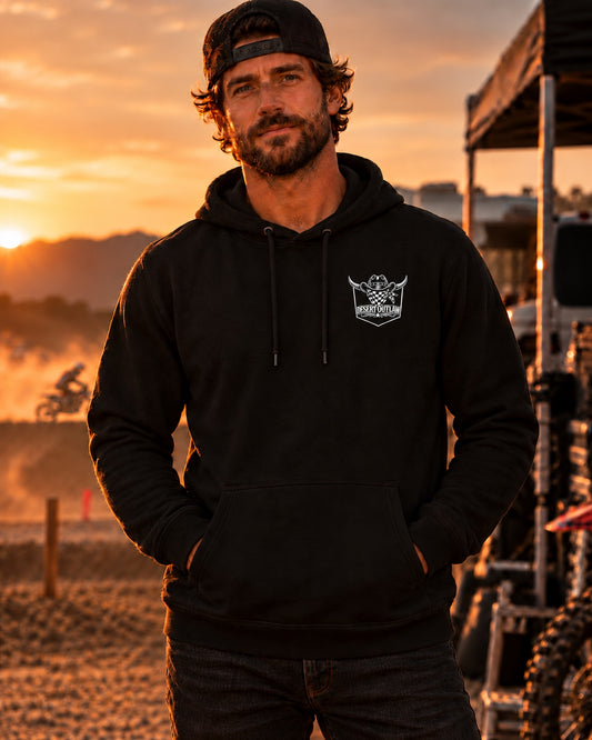 Desert Outlaw Finish Line black hoodie front on model