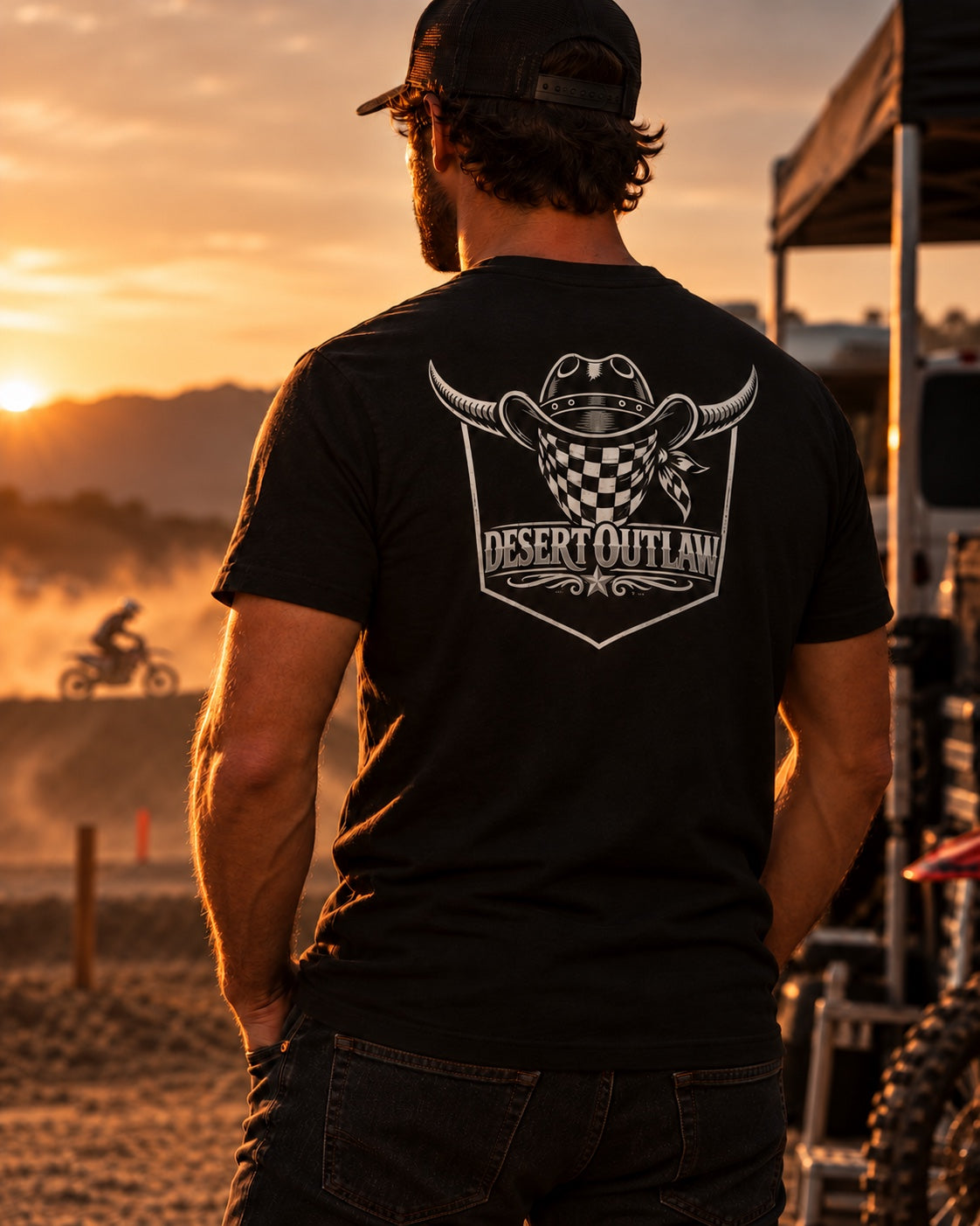 Desert Outlaw Finish Line black tee back on model