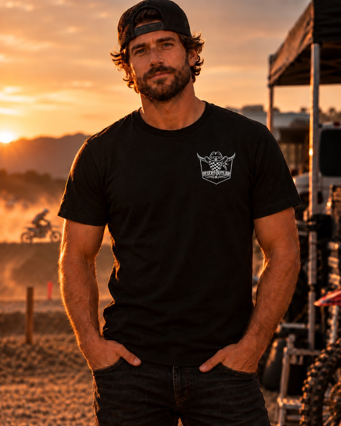 Desert Outlaw Finish Line black tee front on model