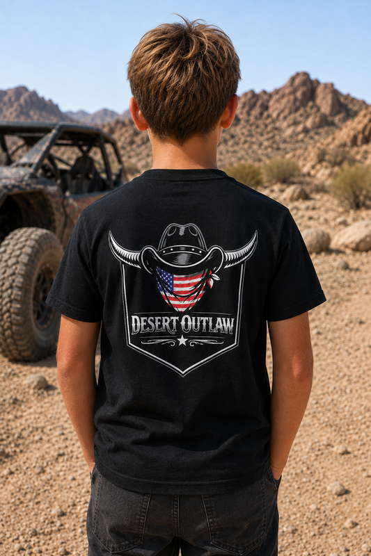 Youth model wearing the Desert Outlaw 'Merica Youth Tee, back view