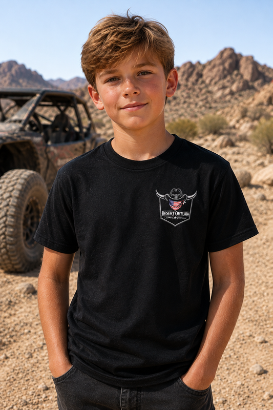 Youth model wearing the Desert Outlaw 'Merica Youth Tee, front view