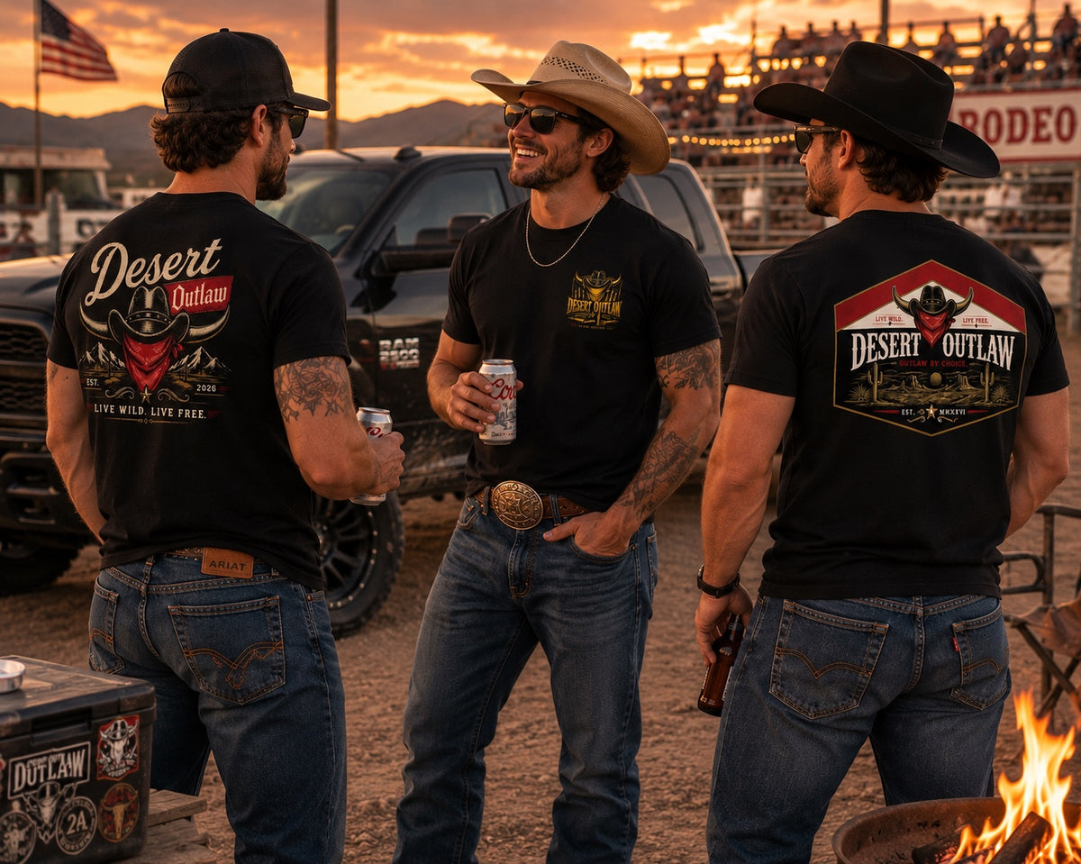 Desert Outlaw models wearing Last Call, Brass, and Unfiltered designs at a sunset rodeo