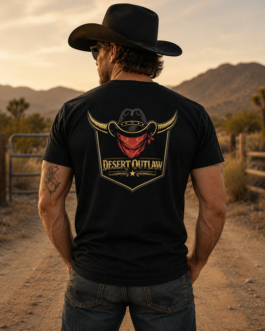 Desert Outlaw Signature Tee back design on model