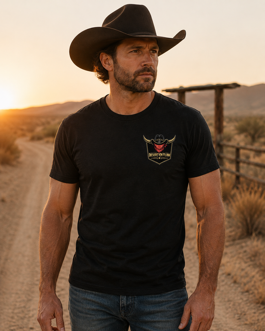 Desert Outlaw Signature Tee front pocket logo on model