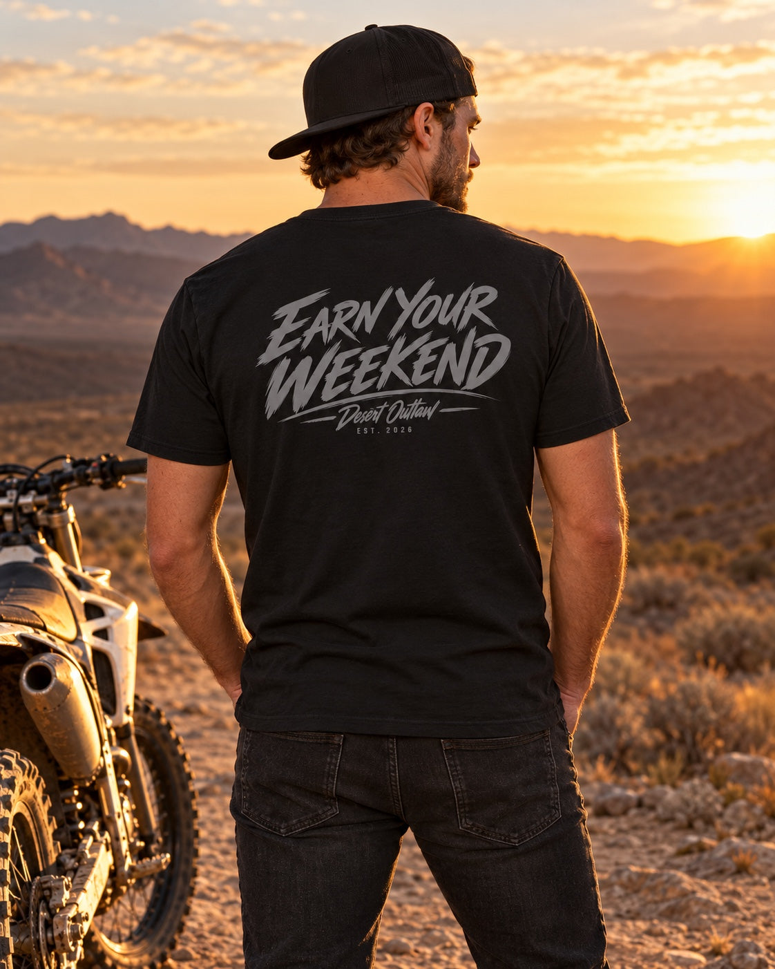 Desert Outlaw Weekend tee black back on model