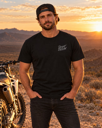 Desert Outlaw Weekend tee black front on model