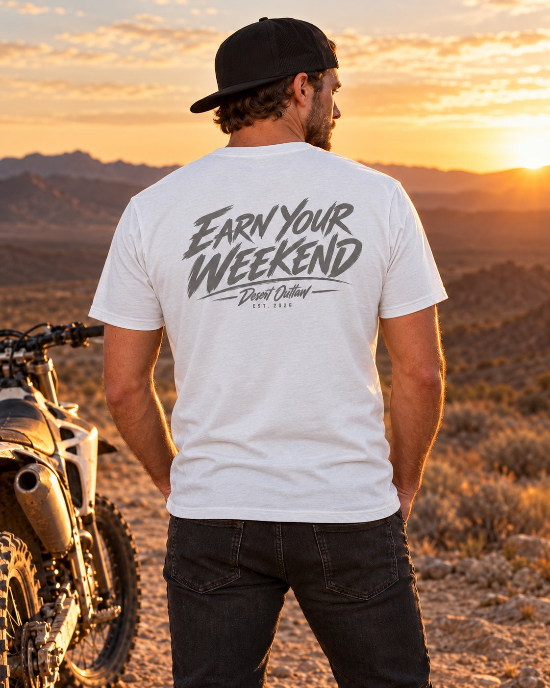 Desert Outlaw Weekend tee white back on model