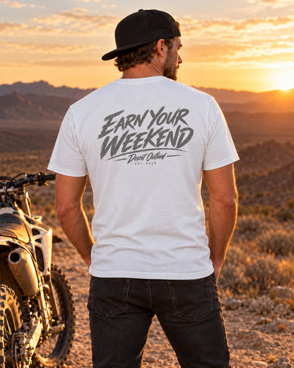 Desert Outlaw Weekend tee white back on model