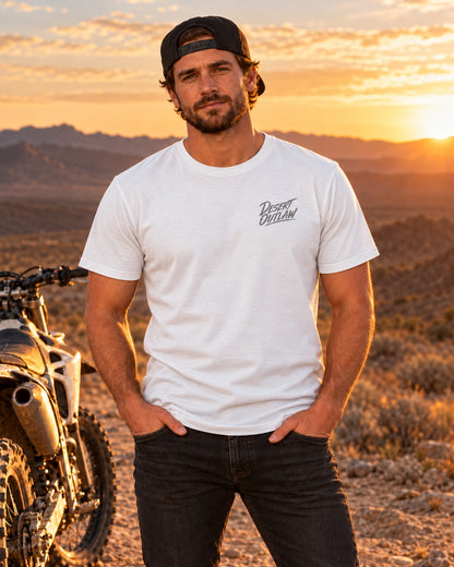 Desert Outlaw Weekend tee white front on model